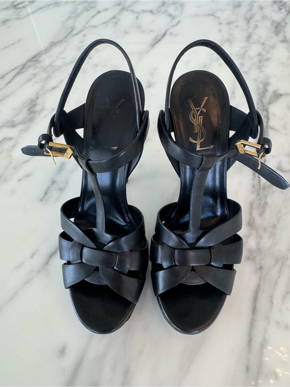 Saint Laurent Black Leather Woven T-Strap Heels with Gold Buckle